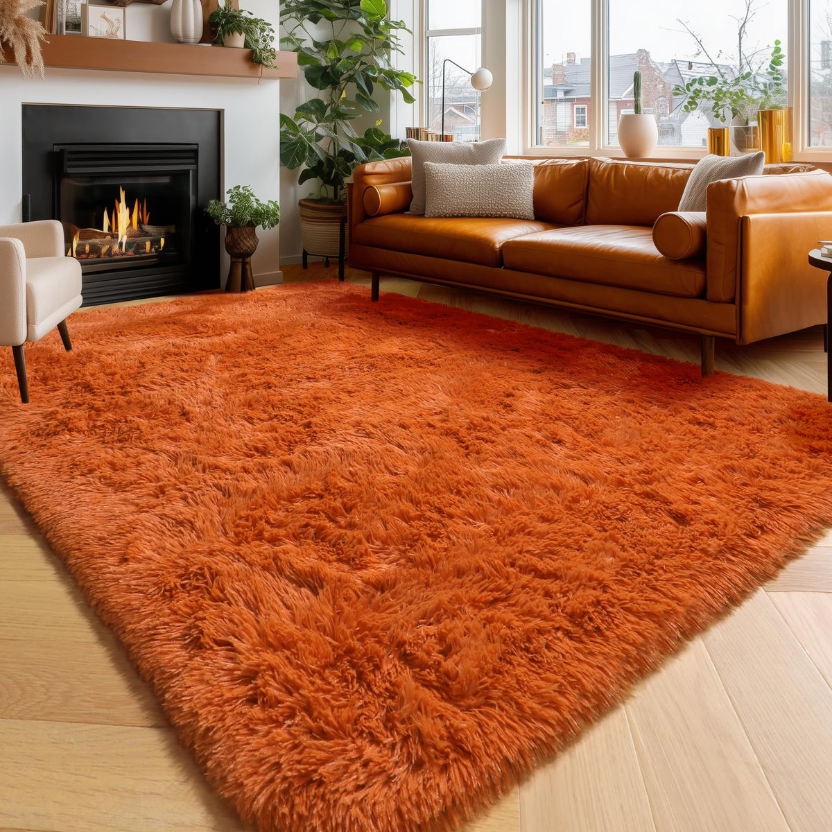Amdrebio burnt orange rug 6x9 with plush shag texture adds cozy warmth to living spaces