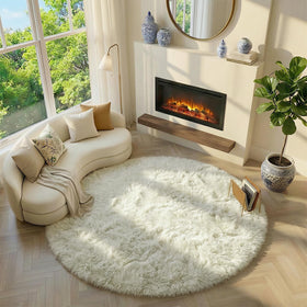 Amdrebio ivory white round rug creates a cozy nursery accent.
