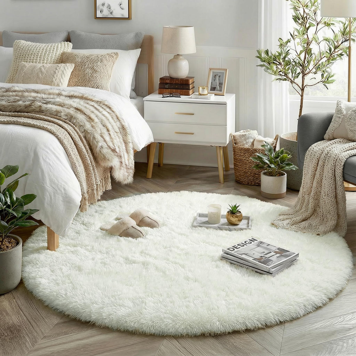 Amdrebio ivory white round rug ideal for kids' play areas.