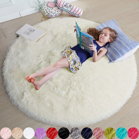 Amdrebio ivory white round rug with soft plush fibers for cozy kid spaces.