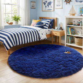 Amdrebio navy blue round rug kid room setup with plush surface adds warmth and style