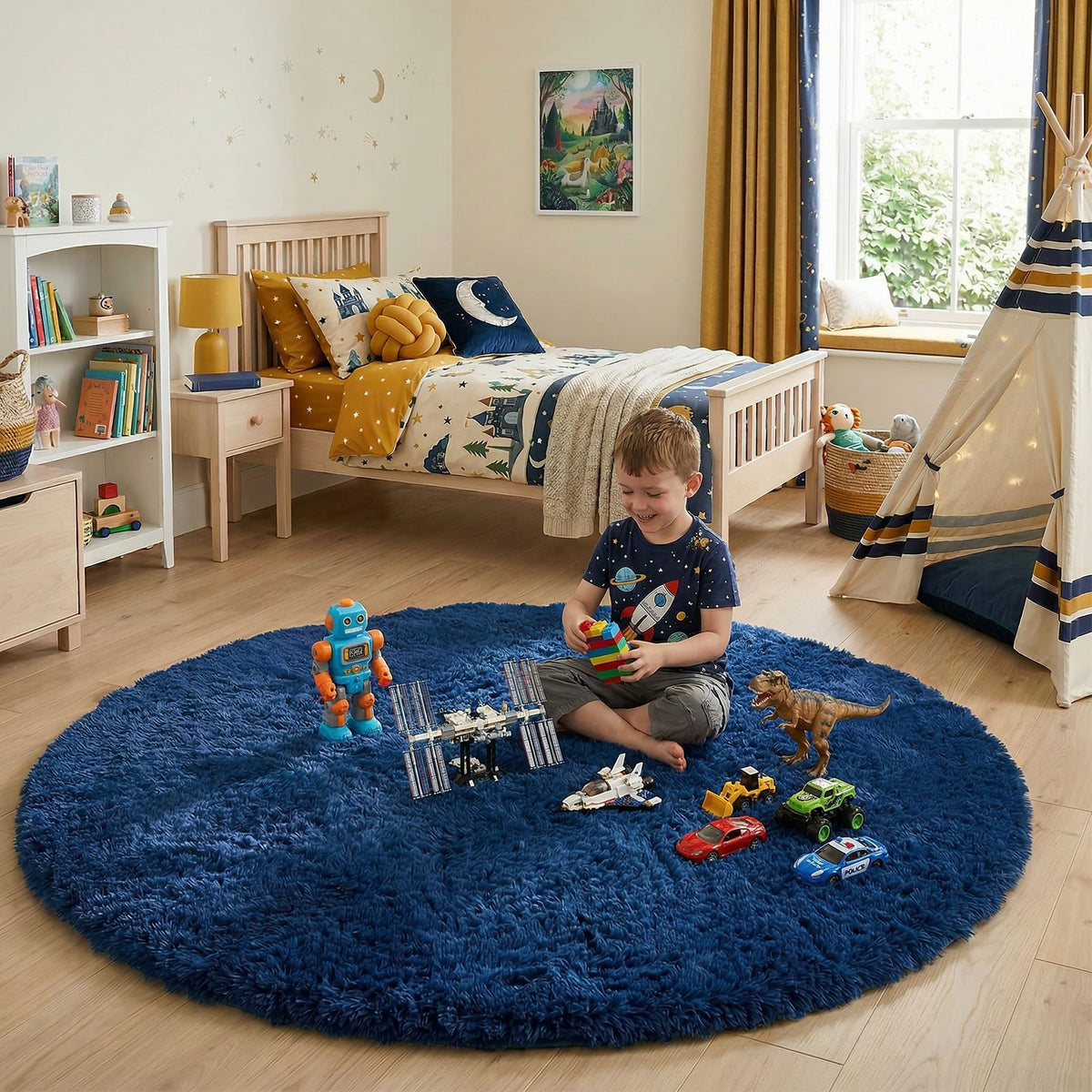 Amdrebio navy blue round rug living room angle creates inviting tactile surface