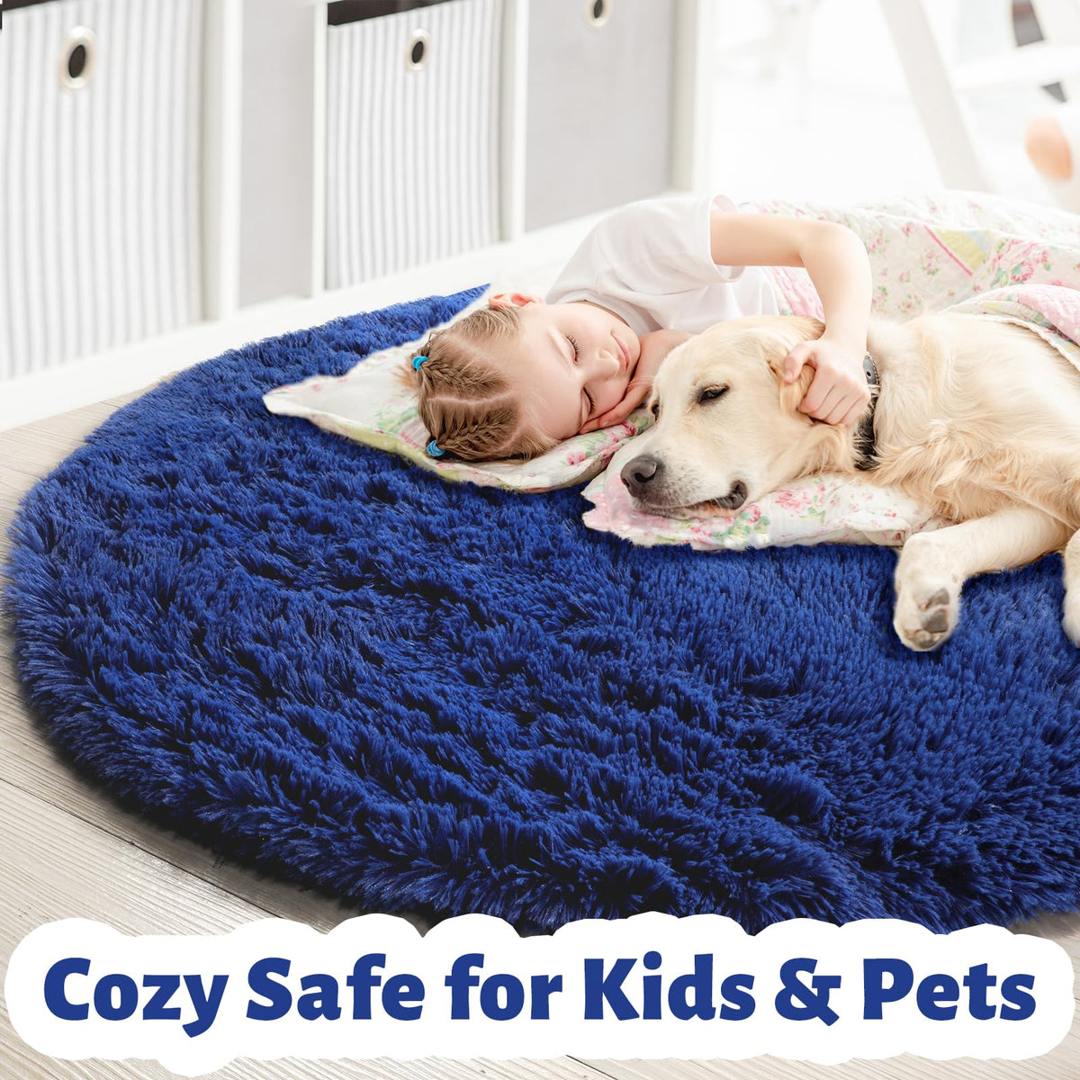 Amdrebio navy blue round rug playroom scene showcases non slip backing and kid friendly comfort