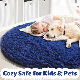 Amdrebio navy blue round rug playroom scene showcases non slip backing and kid friendly comfort