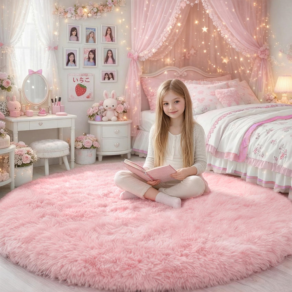 Amdrebio pink fluffy round rug 5ft close-up showing plush texture for tactile comfort.
