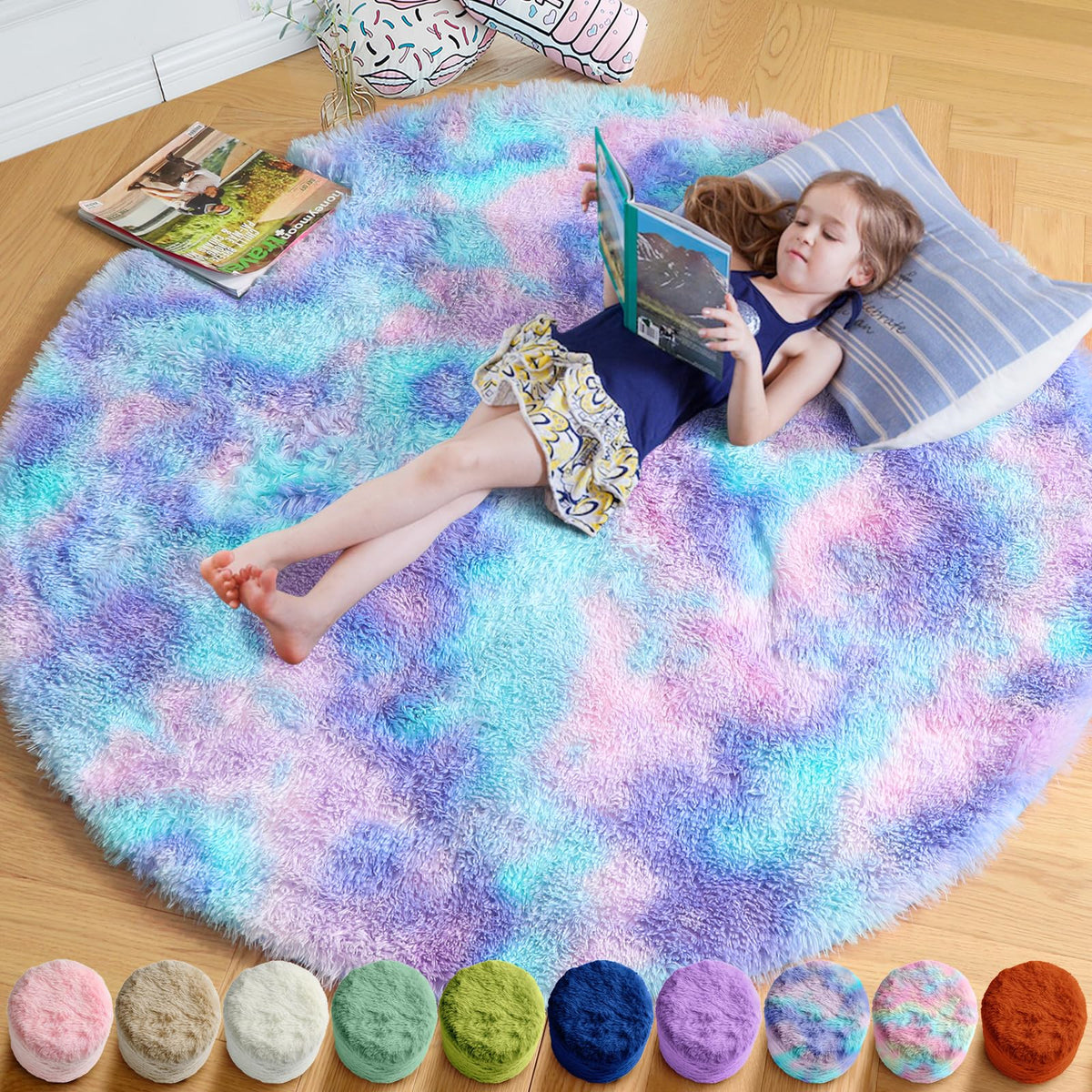 Amdrebio Purple Rainbow Round Rug plush surface for cozy kids' rooms.