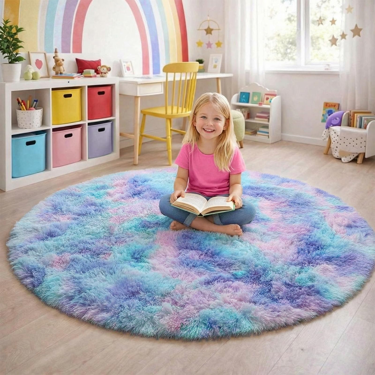 Amdrebio Purple Rainbow rug with non-slip backing for safer floors.