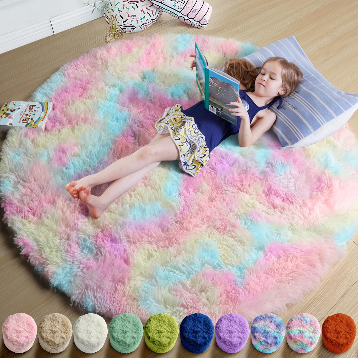 Amdrebio Rainbow Fluffy Round Rug 4ft with plush texture for kids' rooms.