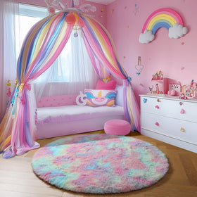 Amdrebio Rainbow Fluffy Round Rug is perfect in nurseries for soft play areas.