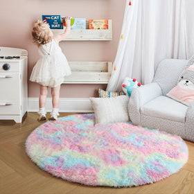 Amdrebio Rainbow Fluffy Round Rug creates a warm, comforting surface for kids.