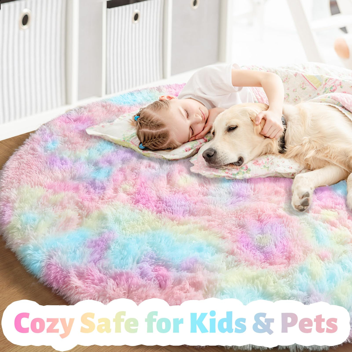 Amdrebio Rainbow Fluffy Round Rug, unicorn decor, enhances a playful girls' bedroom.