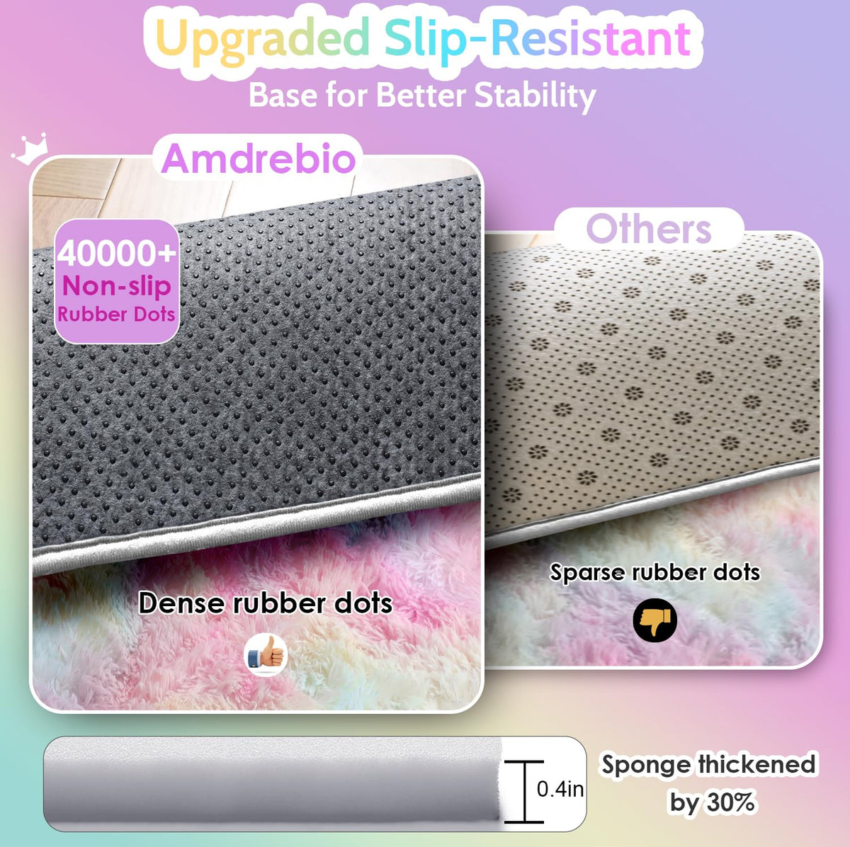 Amdrebio Rainbow Fluffy Round Rug adds color to dorm or playroom spaces.