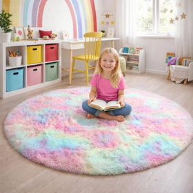 Amdrebio Rainbow Fluffy Round Rug with extensive plush fibers for a luxurious feel.
