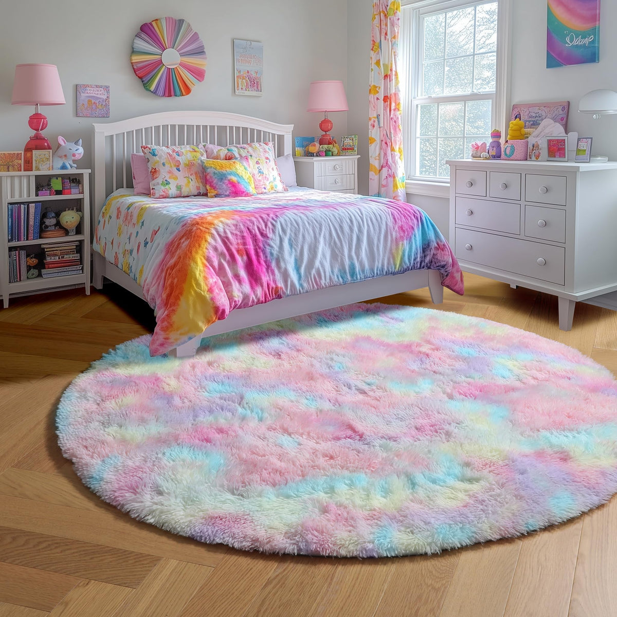 Amdrebio Rainbow Fluffy Round Rug in pastel colors provides warm, cozy floor space.