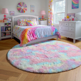 Amdrebio Rainbow Fluffy Round Rug in pastel colors provides warm, cozy floor space.
