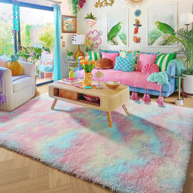 Amdrebio Rainbow Pastel Kids Rug sized 4x6 suits homes and classrooms.
