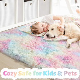 Amdrebio Rainbow Pastel Kids Rug fluffy shag offers cozy warmth during playtime.