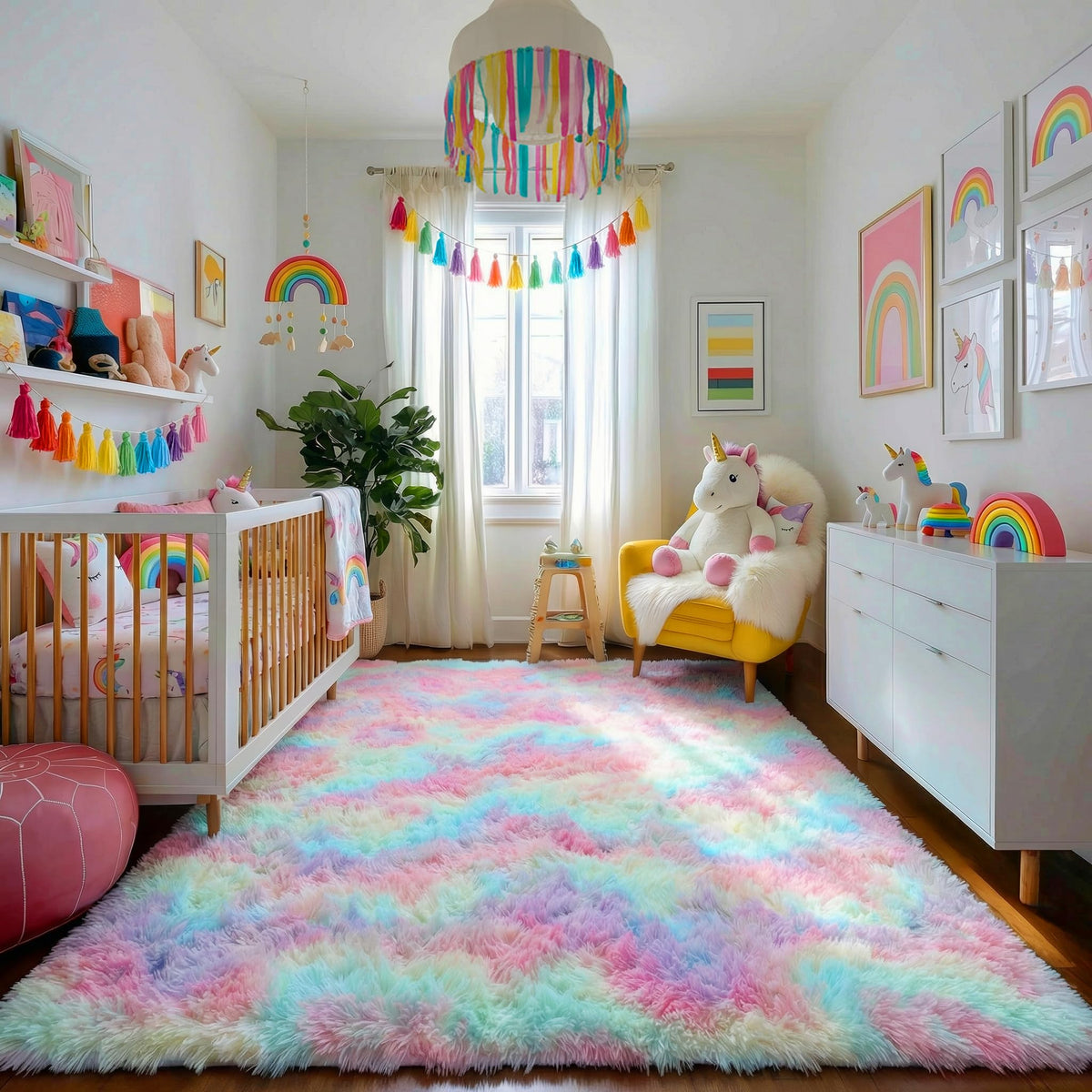 Amdrebio Rainbow Pastel Kids Rug plush surface ideal for crawlers.