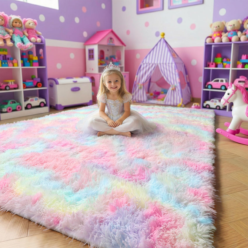 Amdrebio Rainbow Pastel Kids Rug with unicorn design adds playful charm to a child's room.