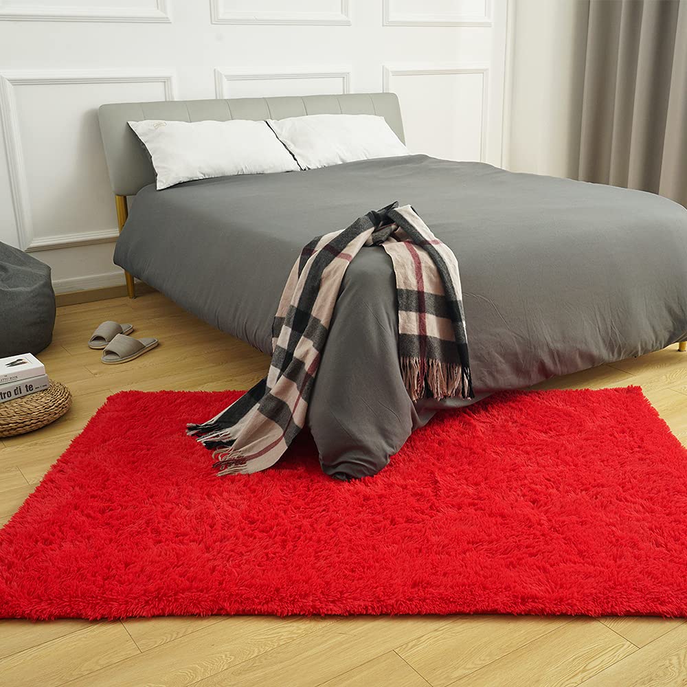 Amearea red shag carpet close-up shows plush texture and comfortable underfoot
