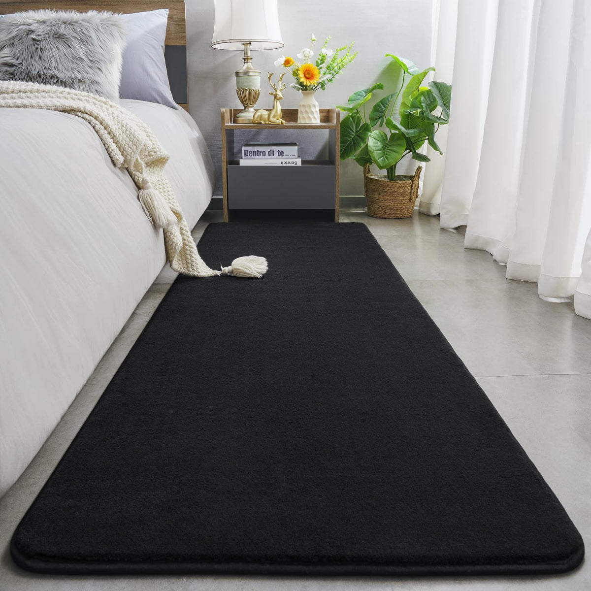 Amearea black fluffy rug texture close-up highlighting memory foam comfort underfoot