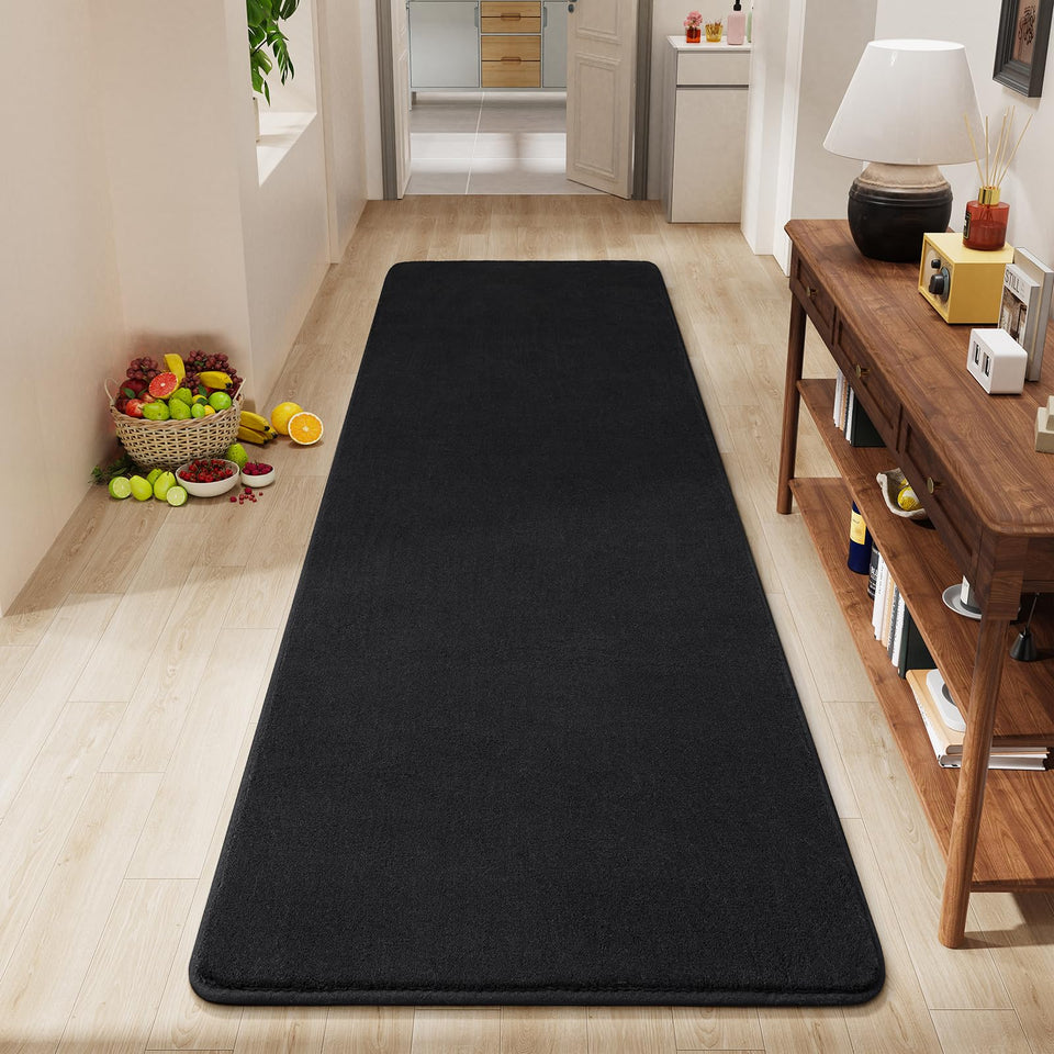 Amearea 2x6 black fluffy hallway runner top view showing soft texture for entryways