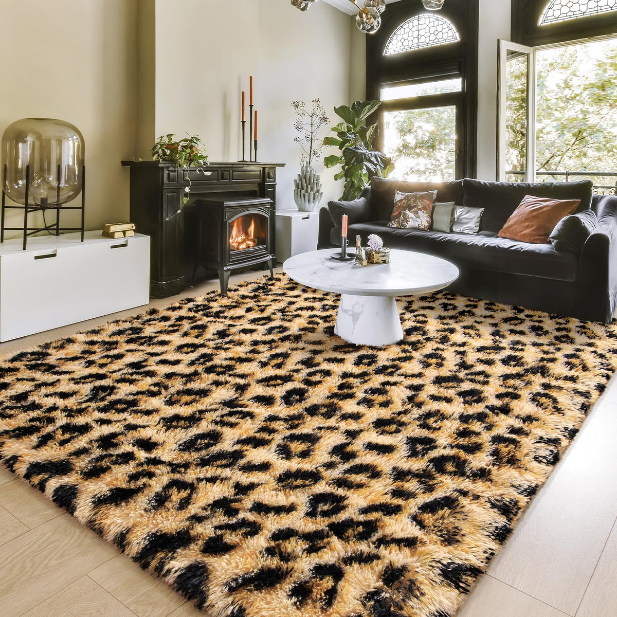Amearea leopard rug close-up shows plush pile and detail.