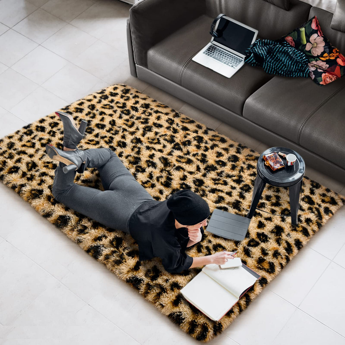 Amearea shag-style leopard rug enhances decor and texture.