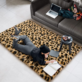 Amearea shag-style leopard rug enhances decor and texture.