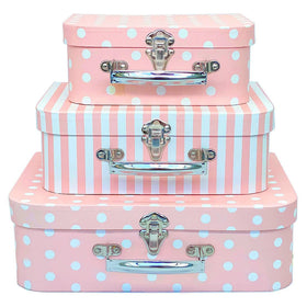 Amedoo paperboard suitcases used as hat storage keeping caps organized.