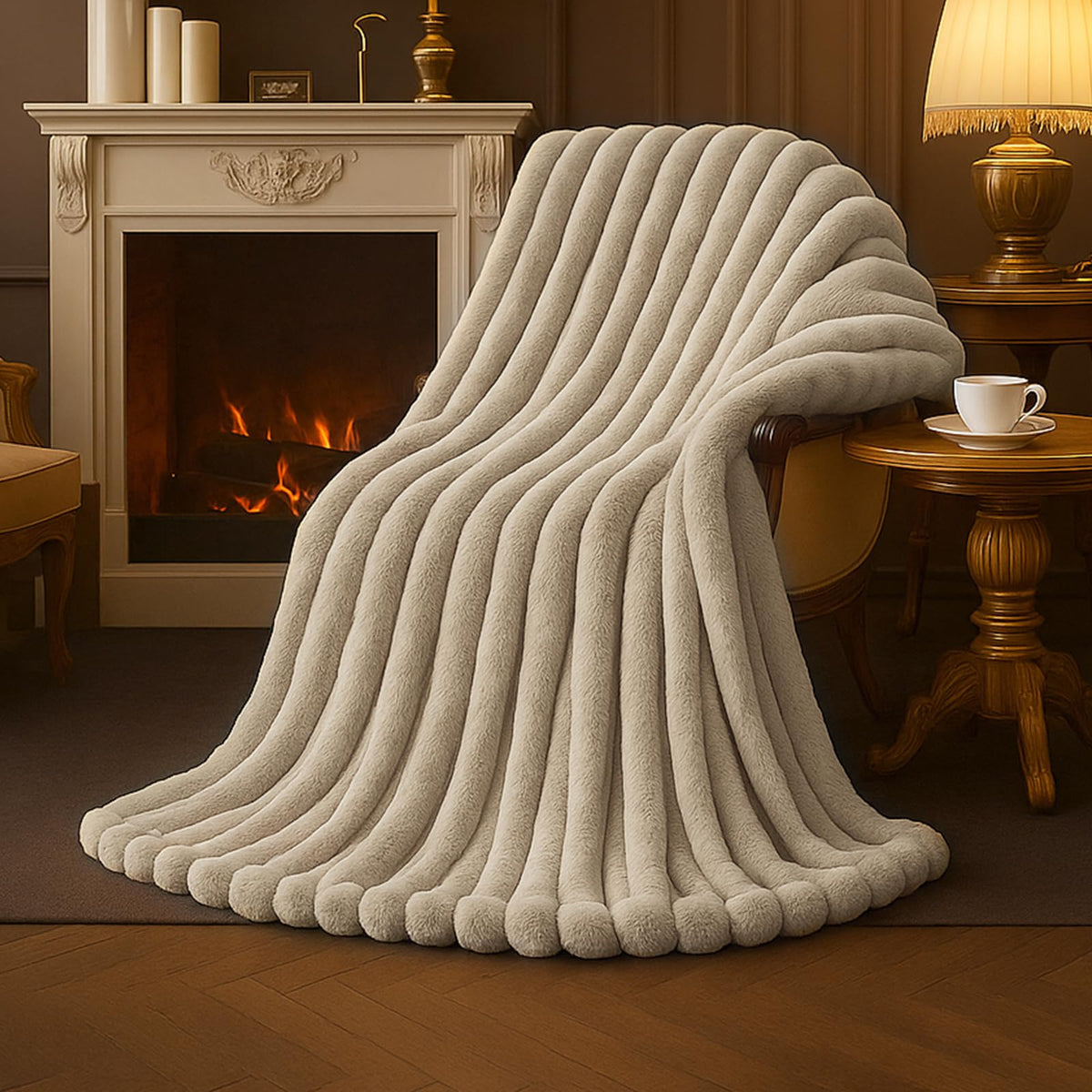Amélie Home faux fur throw on sofa in beige for cozy evenings
