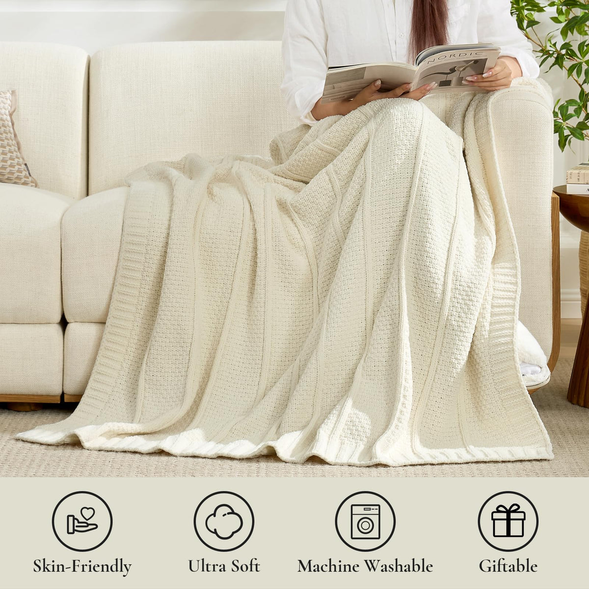 Amélie Home premium chenille throw care guide showing machine wash for easy maintenance