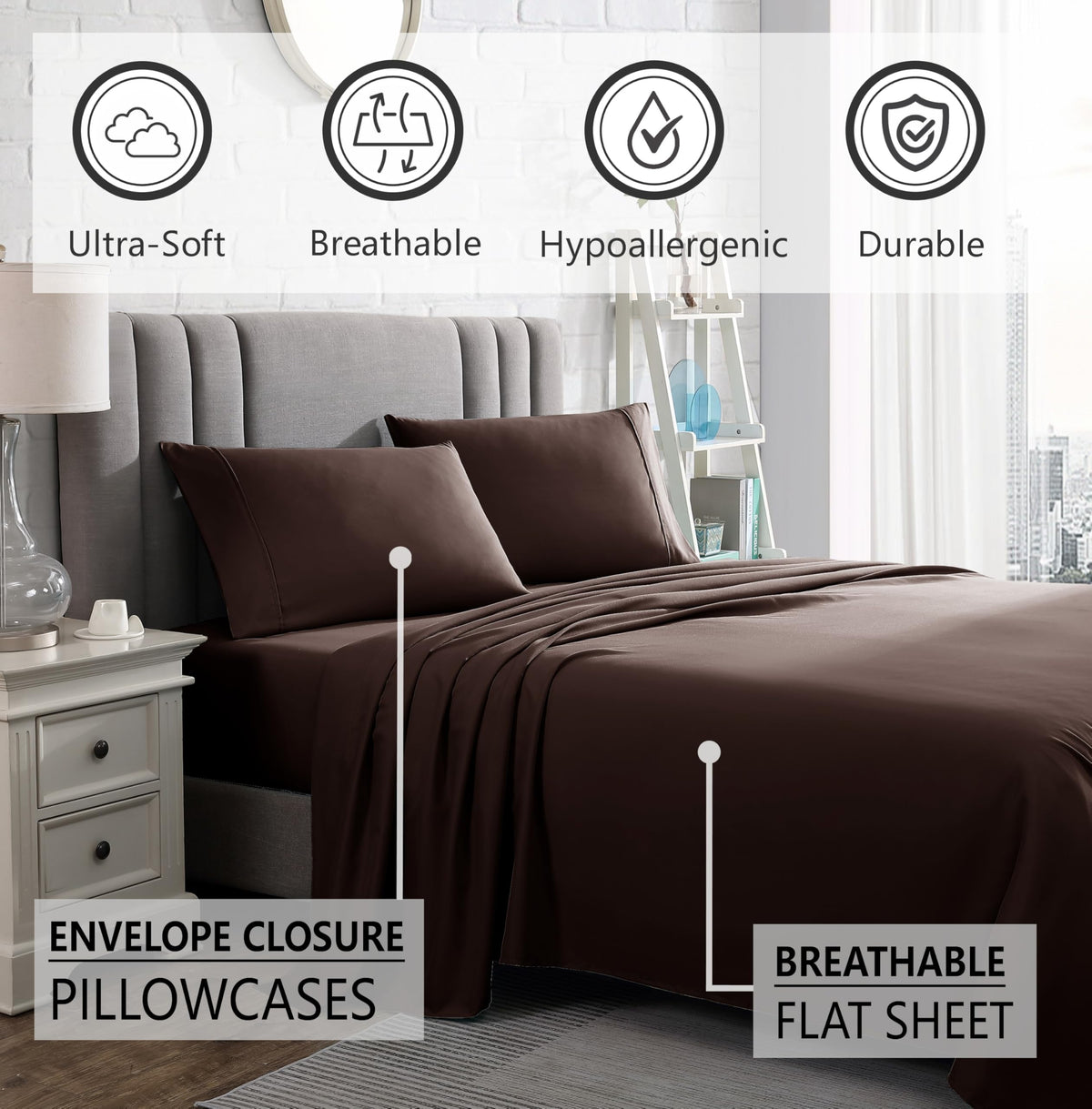 Flat sheet and two pillowcases included for a complete bed ensemble.