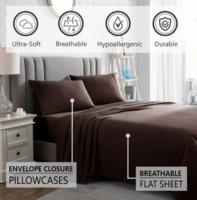 Flat sheet and two pillowcases included for a complete bed ensemble.