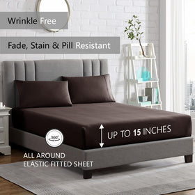 American Home Collection queen sheet set brown fitted-sheet demonstrates snug deep pocket fit.
