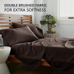 American Home Collection queen sheet set brown packaging emphasizes easy care and value.