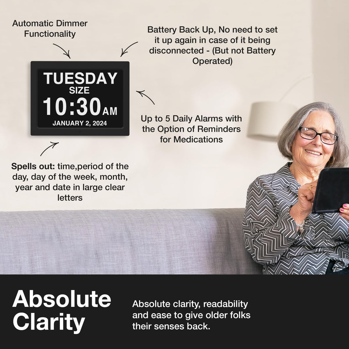 American Lifetime dementia clock auto-dimming feature makes viewing comfortable in any room.