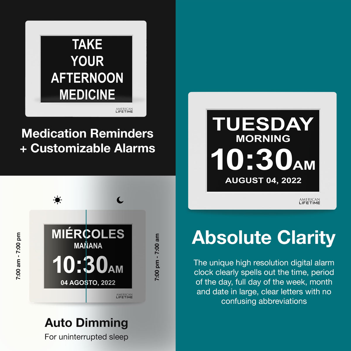 Auto dimming feature on the American Lifetime dementia clock in low light