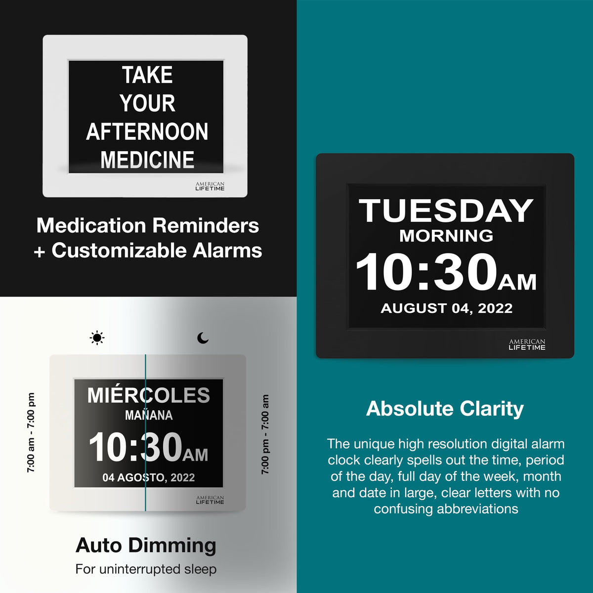 American Lifetime dementia clock auto-dimming adjusts brightness for comfortable viewing.