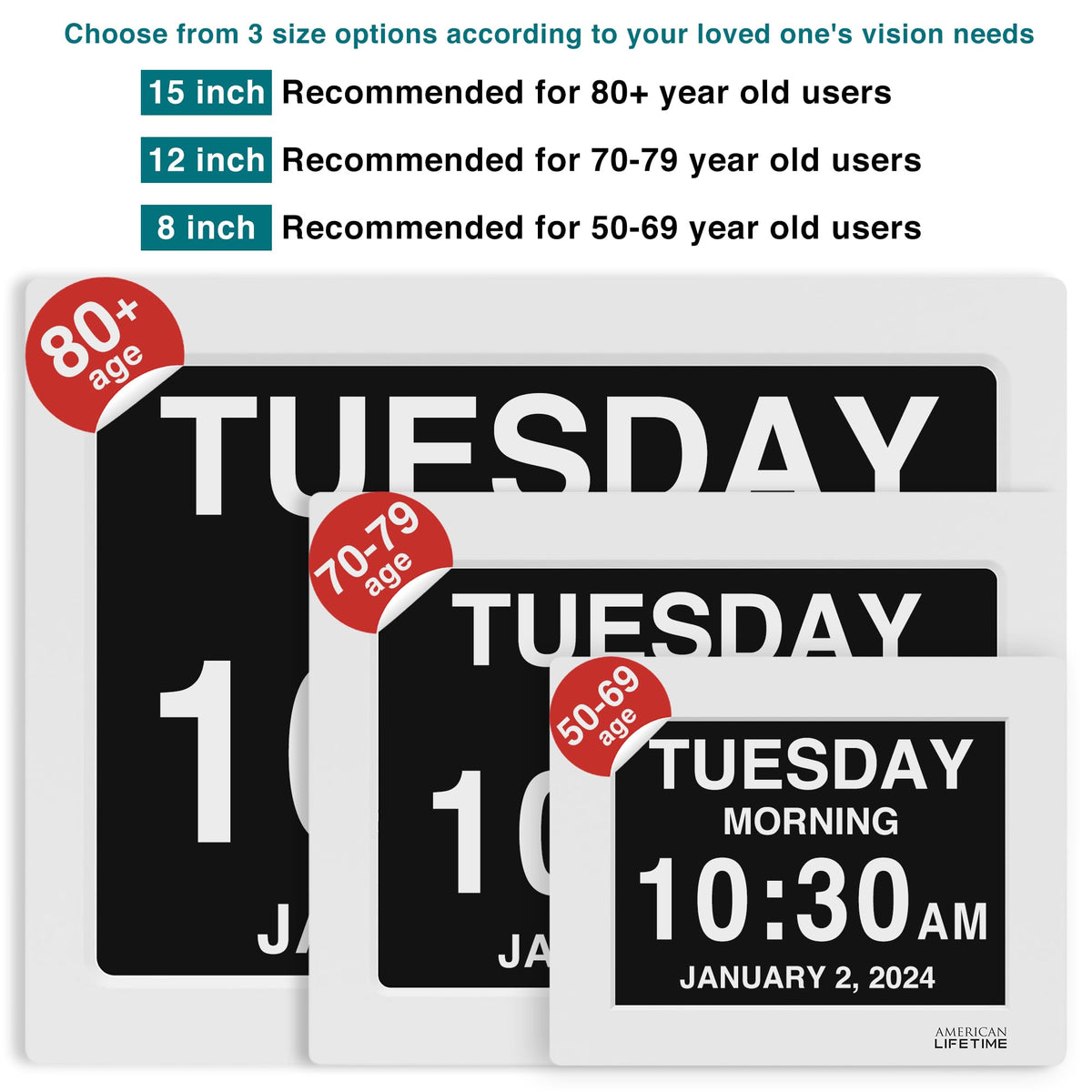 American Lifetime dementia clock with alarms supports reminders for medications and appointments.