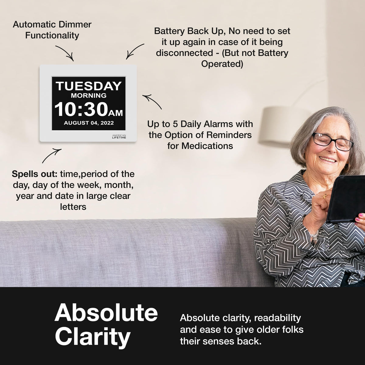 Day and date calendar view on the American Lifetime dementia clock