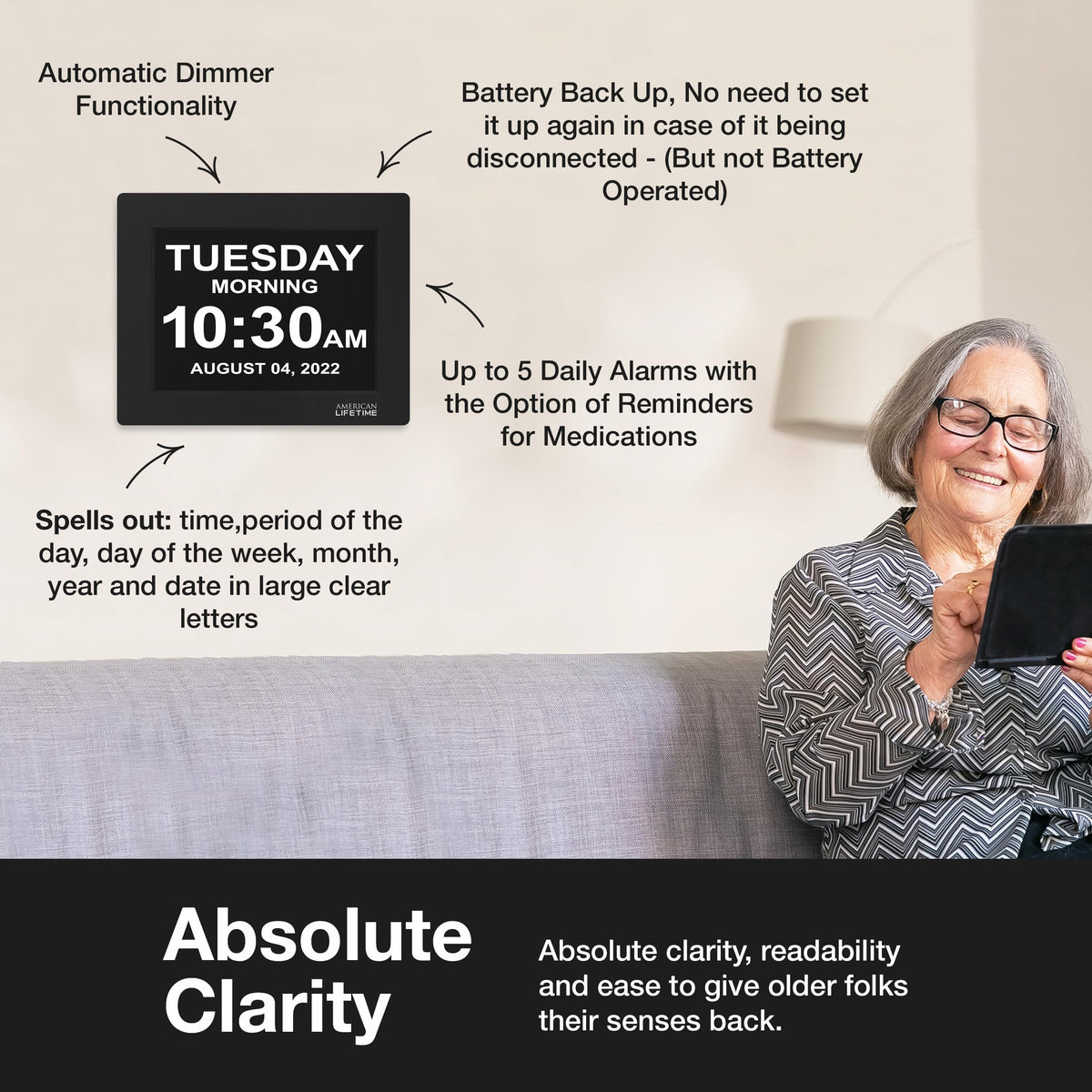 American Lifetime dementia clock day and date display helps daily orientation.