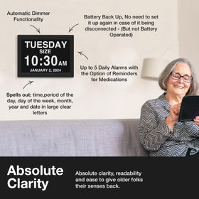 American Lifetime dementia clock night mode for comfortable night-time viewing.