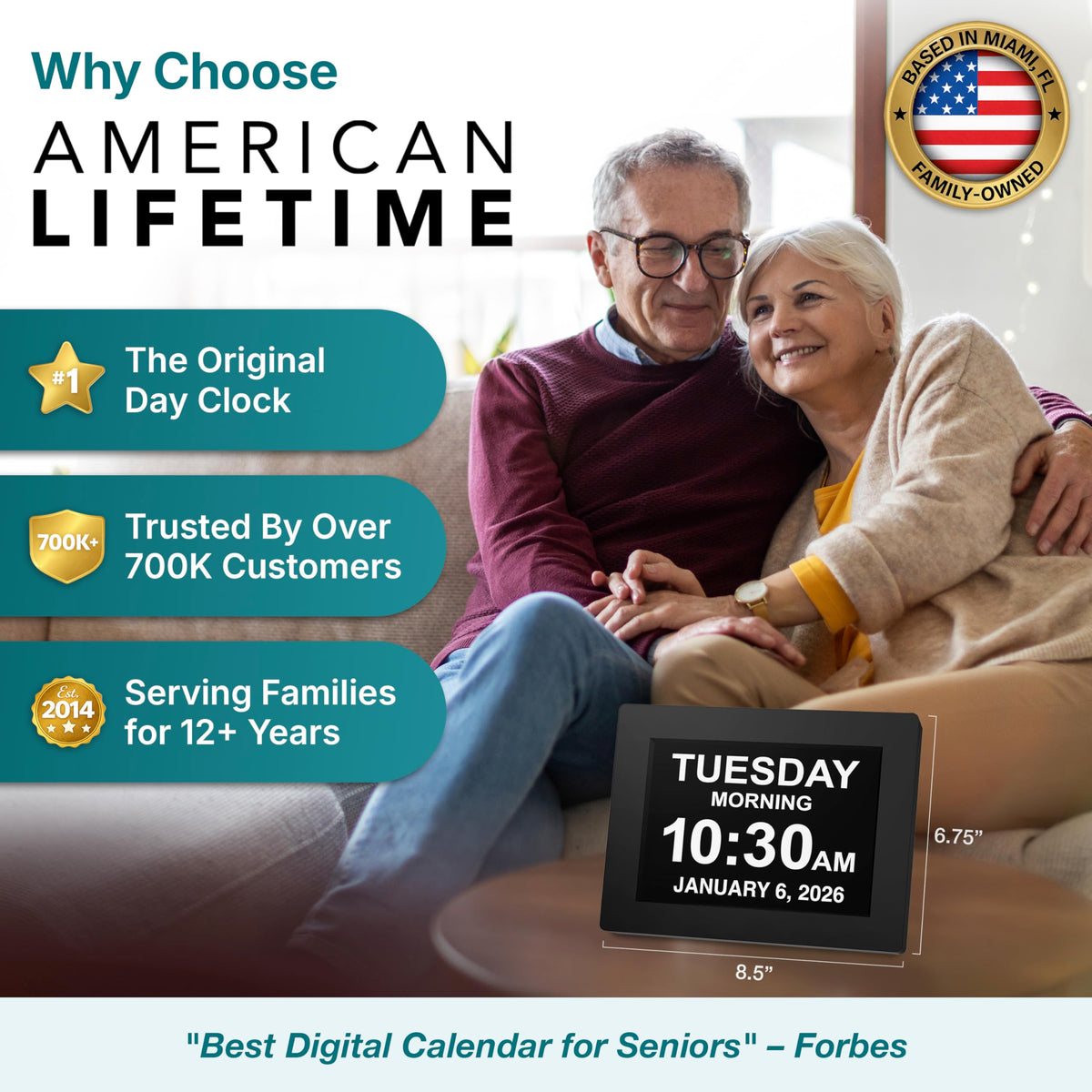 American Lifetime clock shows day and date for clear scheduling