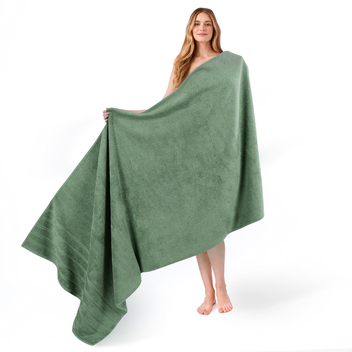 American Soft Linen 35x70 jumbo towel size shown, ideal for post-shower wrap and poolside practicality.
