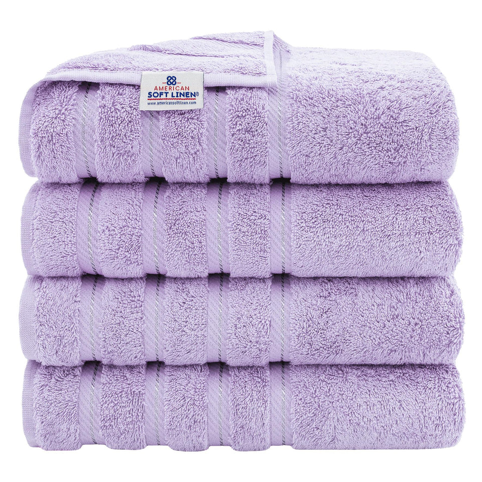 American Soft Linen lilac 4-piece bath towel packaging suggests premium value