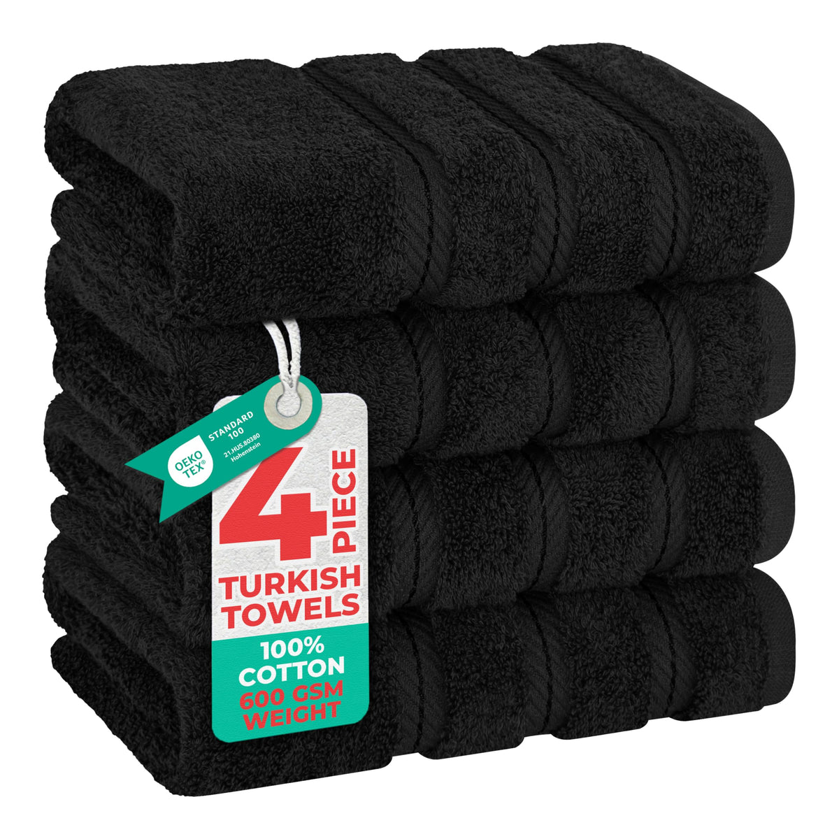 American Soft Linen luxury hand towels, 16x28 black, four-piece set for everyday bathroom use