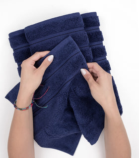 American Soft Linen towels on vanity, showcasing generous 16x28 size.