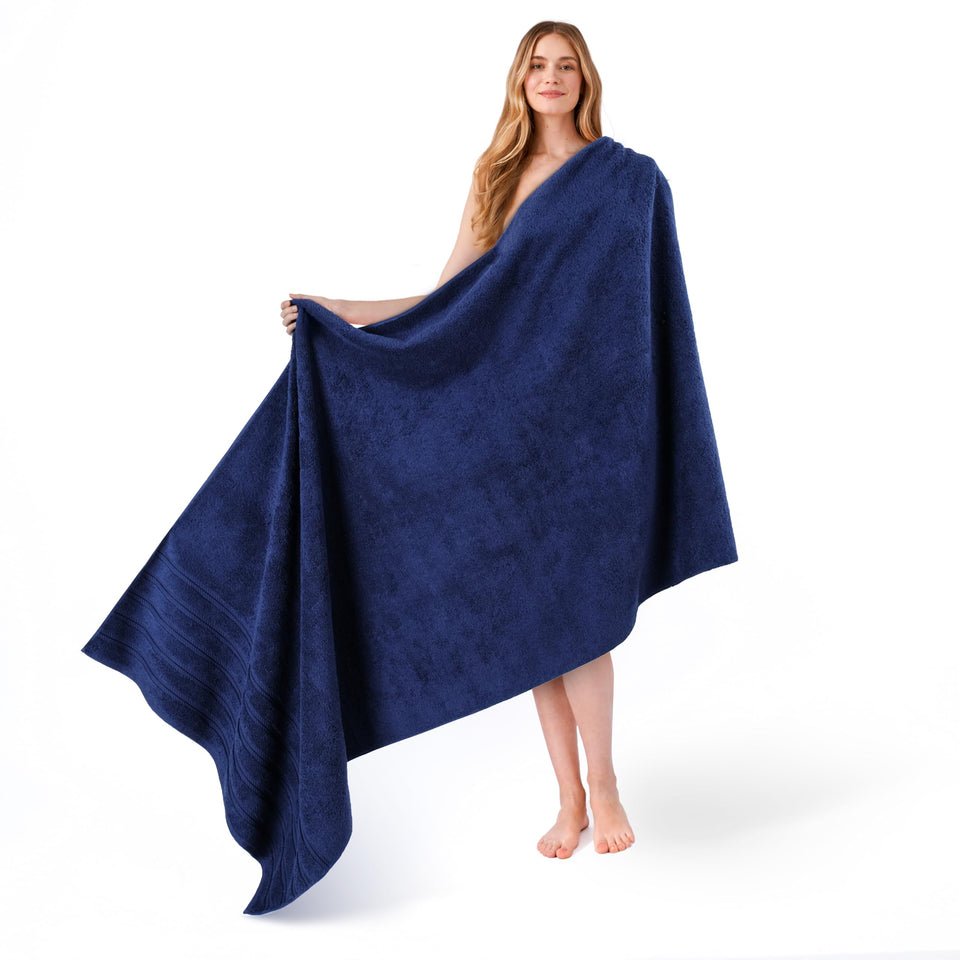 American Soft Linen navy 35x70 towel folded, soft pile and quick-drying for daily use.