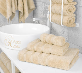 American Soft Linen premium 3-piece beige hand towel 16x28 highlighting plush absorbency.
